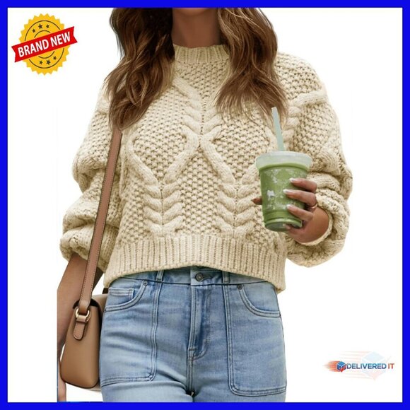 Sweaters - Chunky Cable Knit Cropped Sweater Loose Pullover Long Sleeve Crewneck